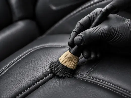 A detailing brush cleaning the stitched seam of a leather seat