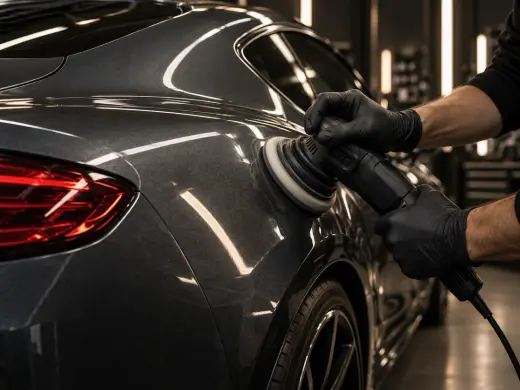 Gloved hands running a polisher along the rear wing of a dark coupé